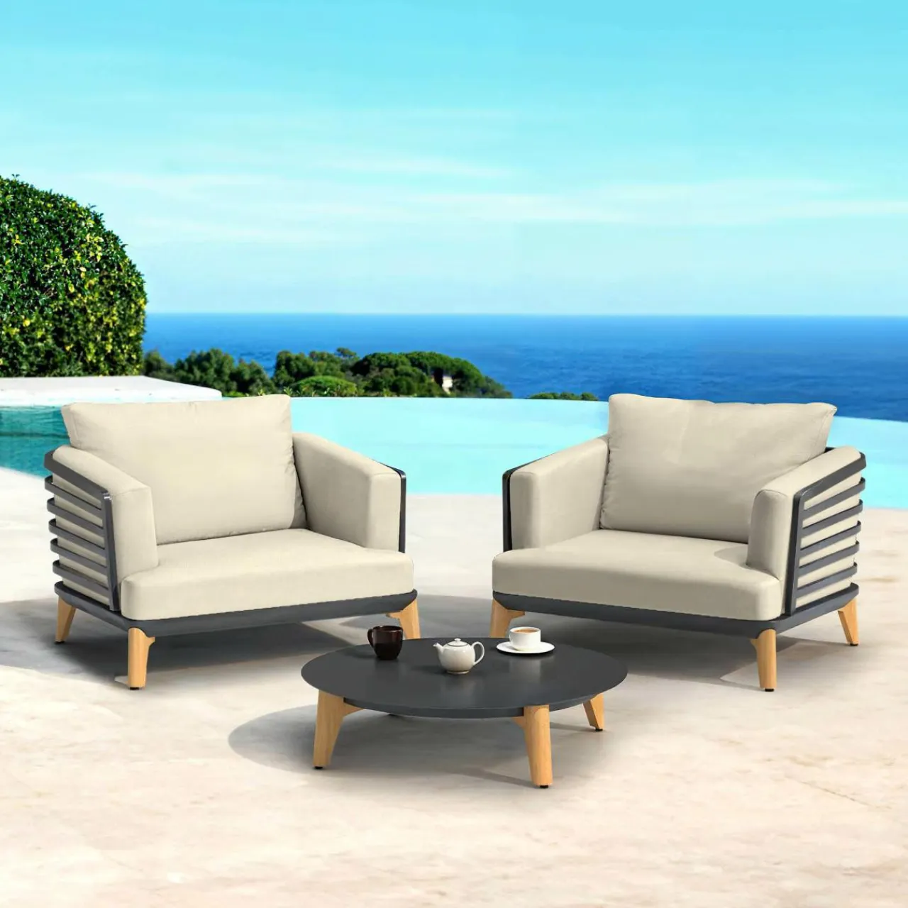 MOBELLIA Salon de jardin aluminium 2 places 3 pcs Monte Carlo Gris anthracite et beige Anthracite - Beige Sale