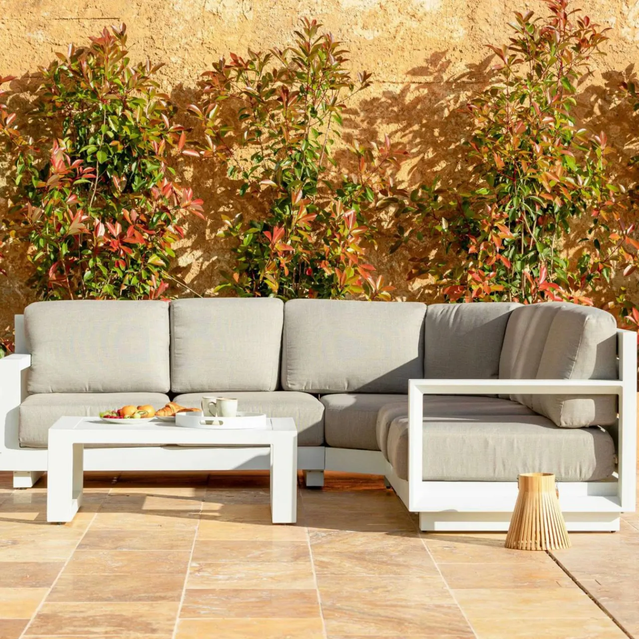 MOBELLIA Salon de jardin d'angle aluminium 5 places Elba Blanc et taupe Blanc - Taupe Best