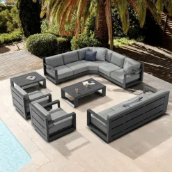 MOBELLIA Salon de jardin d'angle aluminium 10 places Elba Gris Anthracite Outlet