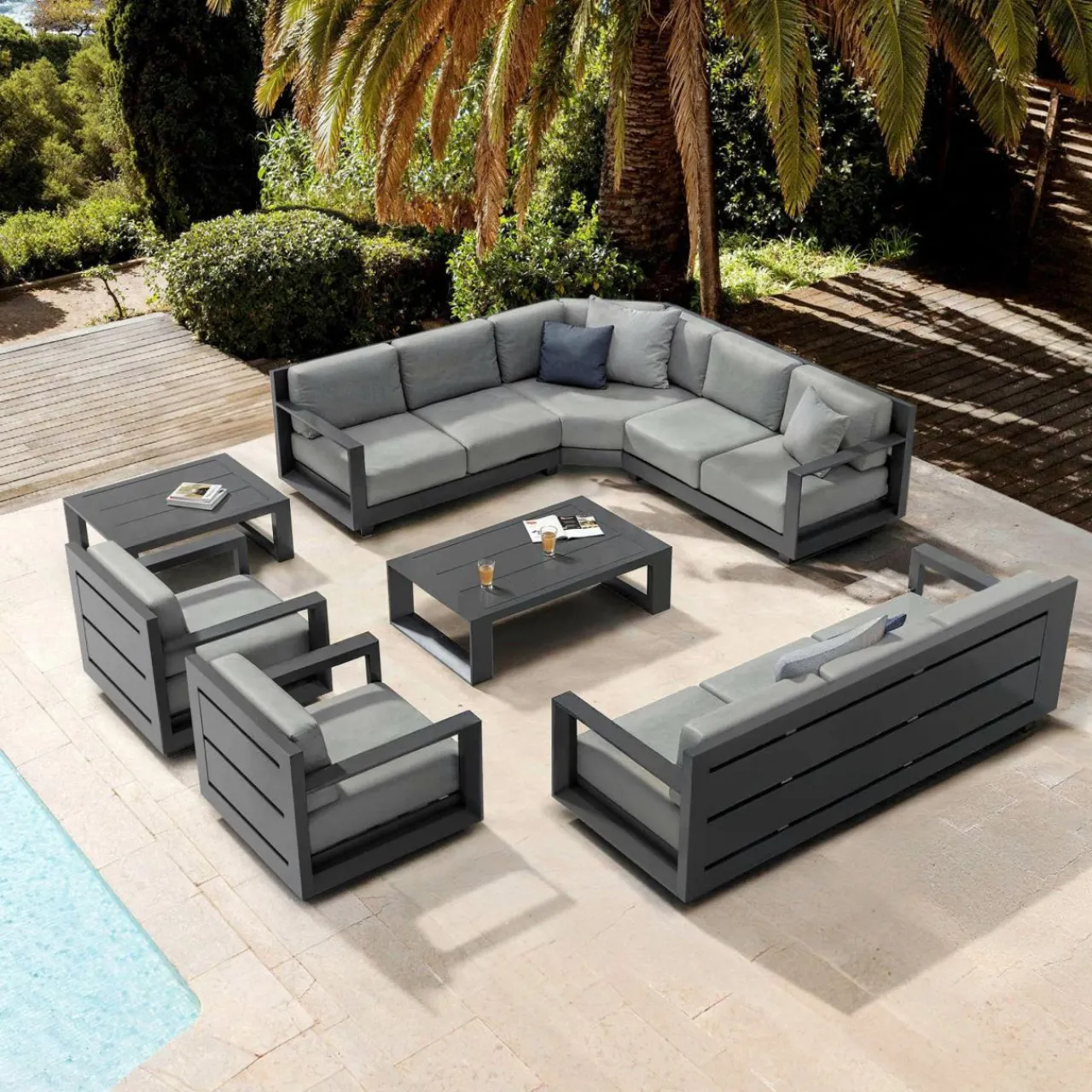 MOBELLIA Salon de jardin d'angle aluminium 10 places Elba Gris Anthracite Outlet