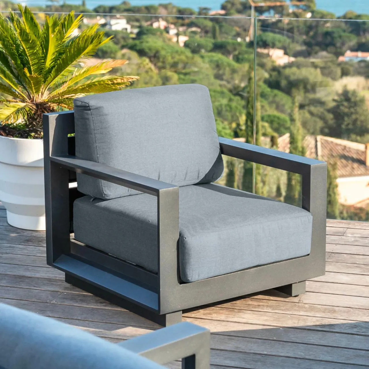 MOBELLIA Salon de jardin d'angle aluminium 10 places Elba Gris Anthracite Outlet