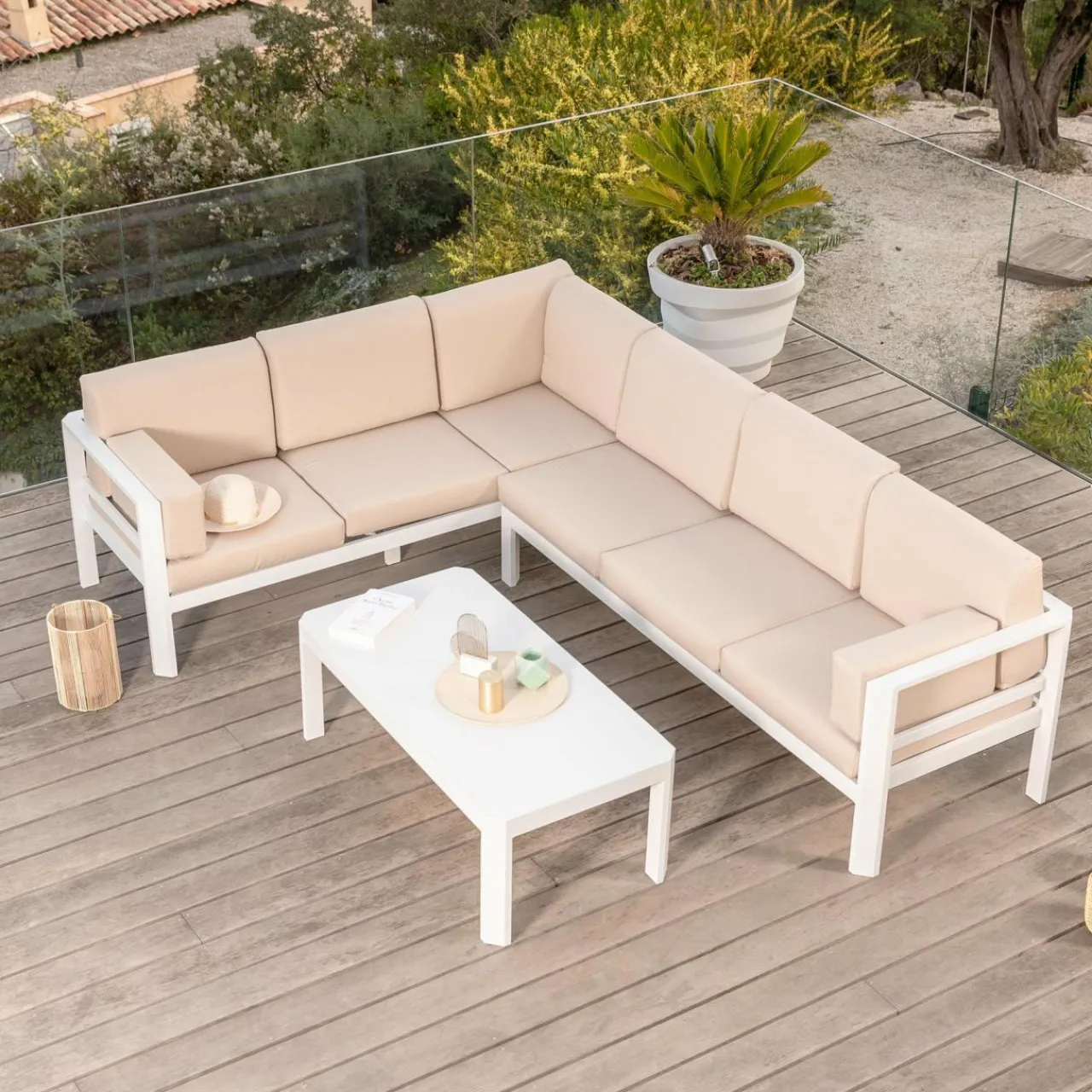 MOBELLIA Salon de jardin d'angle en aluminium 6 places Ostara et taupe Blanc Online