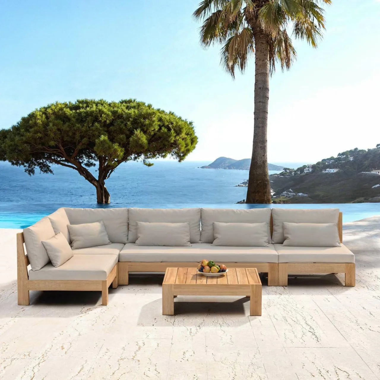 MOBELLIA Salon de jardin d'angle en bois d'acacia 6 places 5 pcs Borneo Sable Clearance