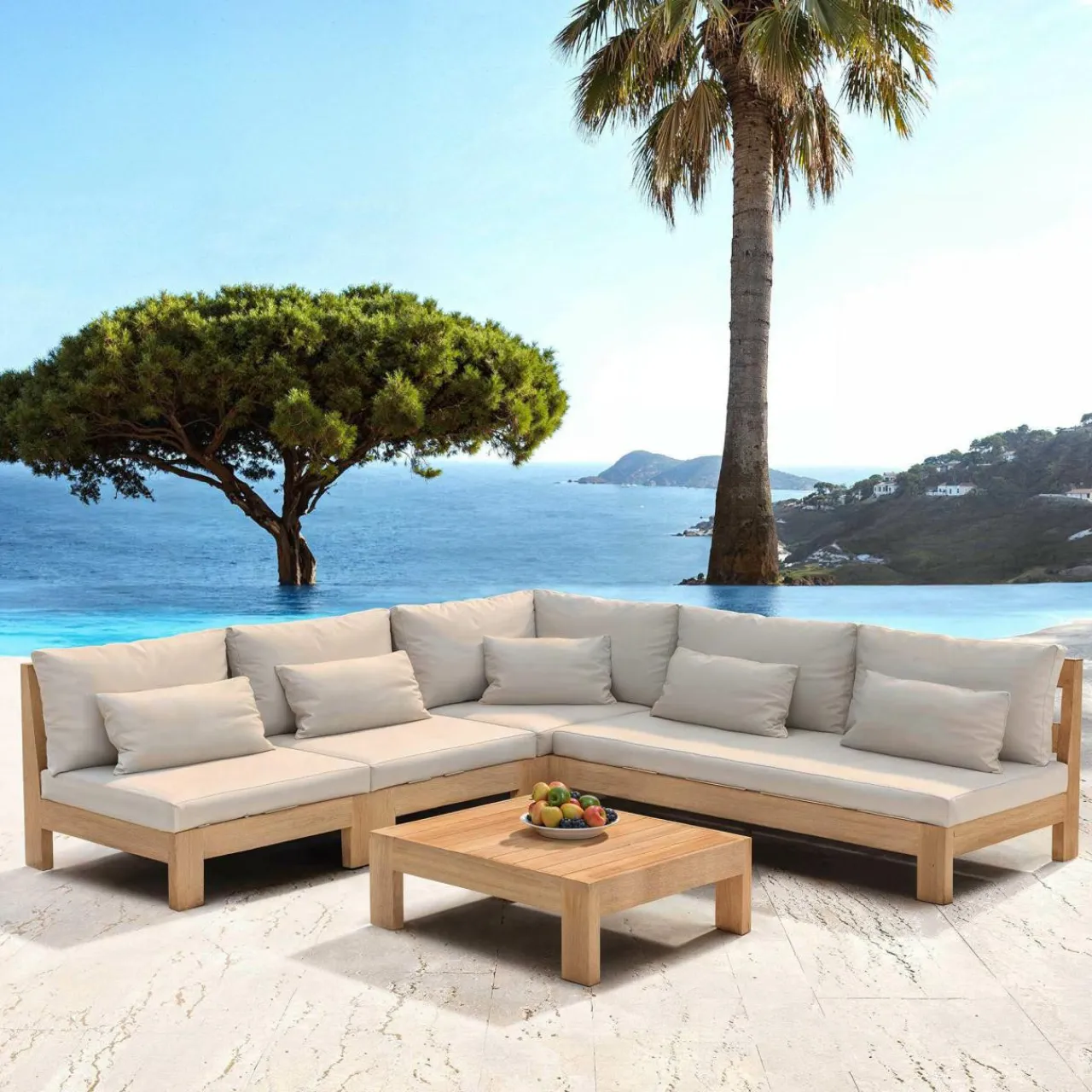 MOBELLIA Salon de jardin d'angle en bois d'acacia 6 places 5 pcs Borneo Sable Clearance