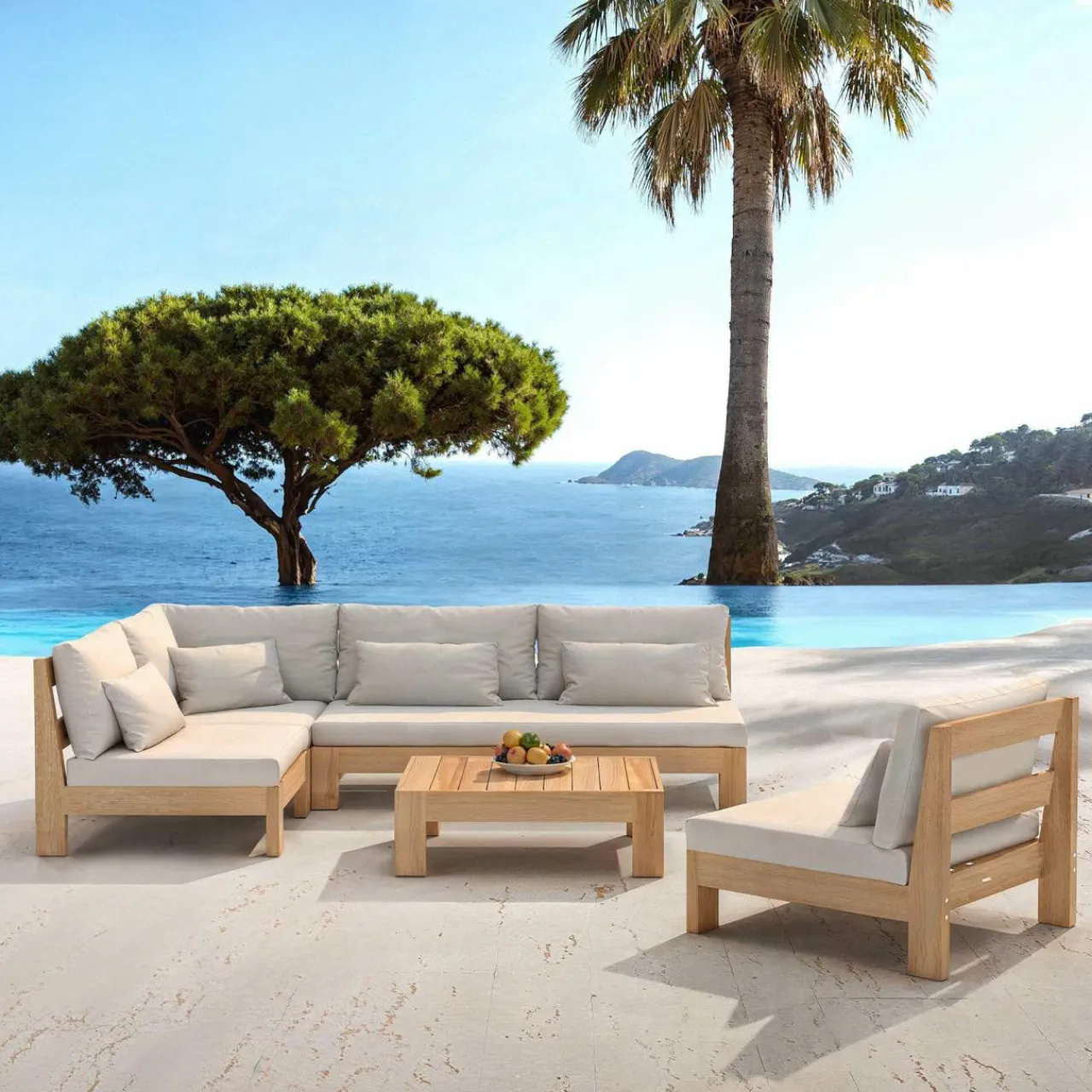 MOBELLIA Salon de jardin d'angle en bois d'acacia 6 places 5 pcs Borneo Sable Clearance