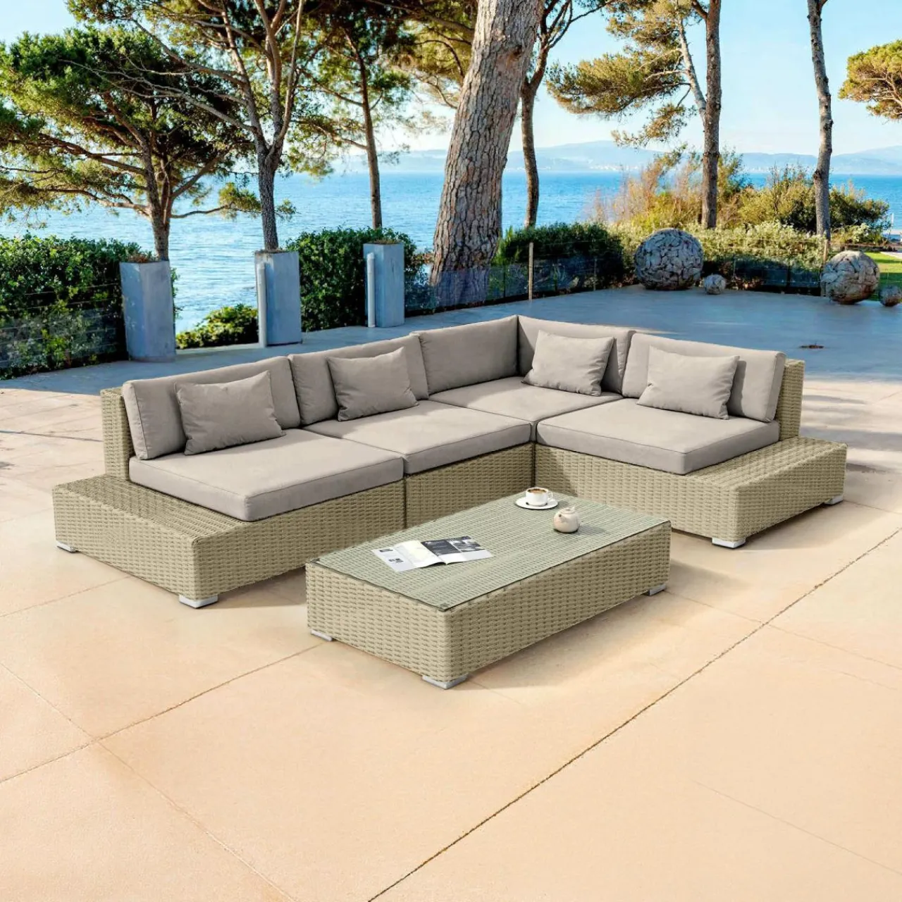 MOBELLIA Salon de jardin d'angle en résine tressée 5 places Palma Gris et taupe Tressé Gris - Taupe Outlet