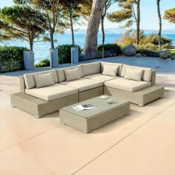 MOBELLIA Salon de jardin d'angle en résine tressée 5 places Palma Gris et beige Tresse Gris - Beige Hot