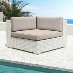 MOBELLIA Salon de jardin d'angle en résine tressée 5 places Palma Blanc et taupe Tressé Blanc - Taupe Outlet