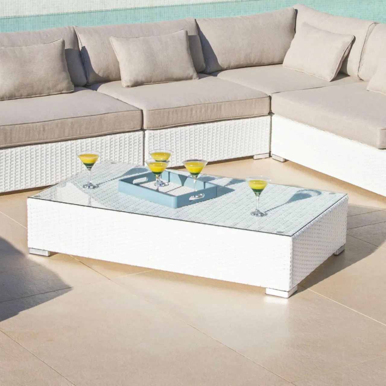 MOBELLIA Salon de jardin d'angle en résine tressée 5 places Palma Blanc et taupe Tressé Blanc - Taupe Outlet