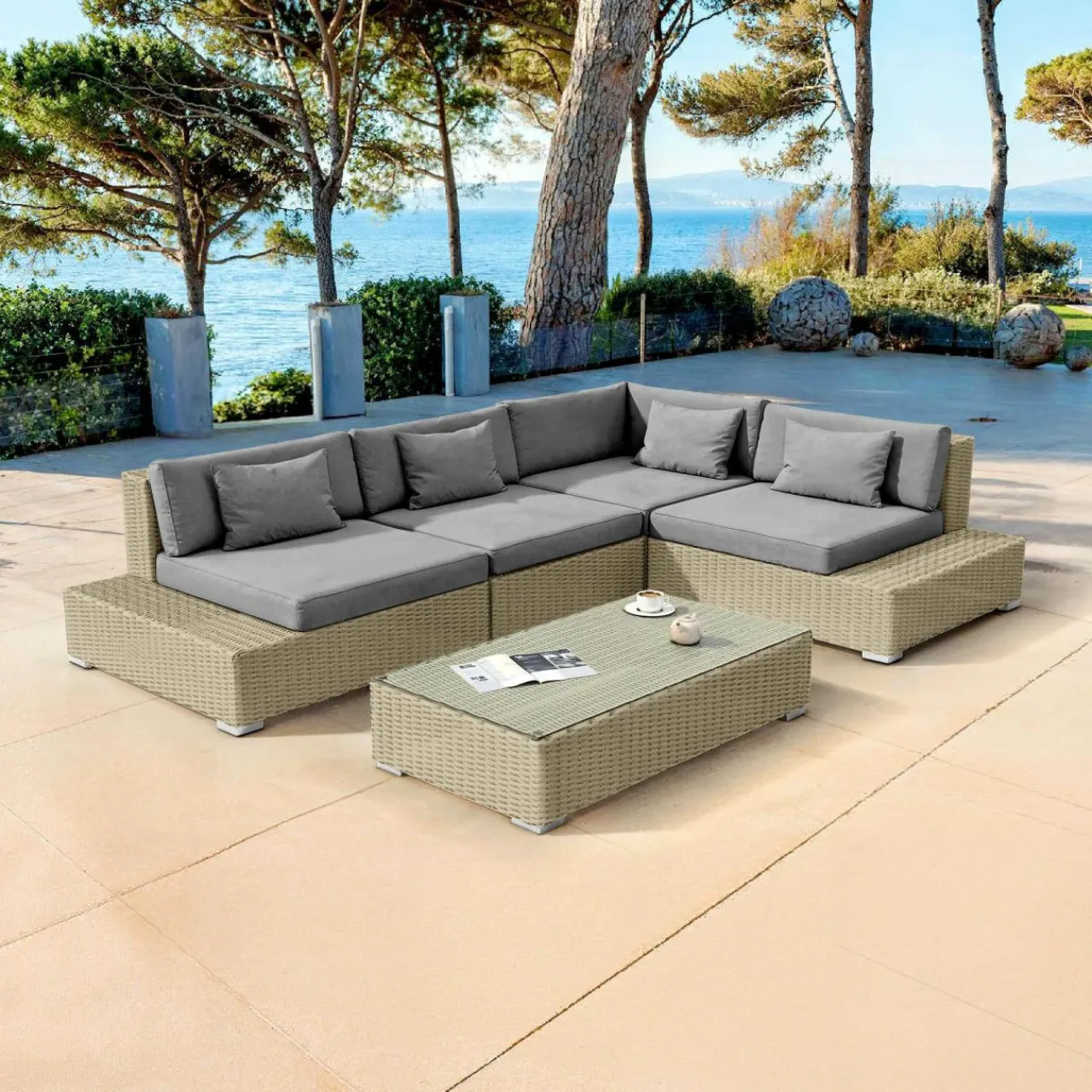 MOBELLIA Salon de jardin d'angle en résine tressée 5 places Palma Gris et anthracite Tressé Gris - Anthracite Discount