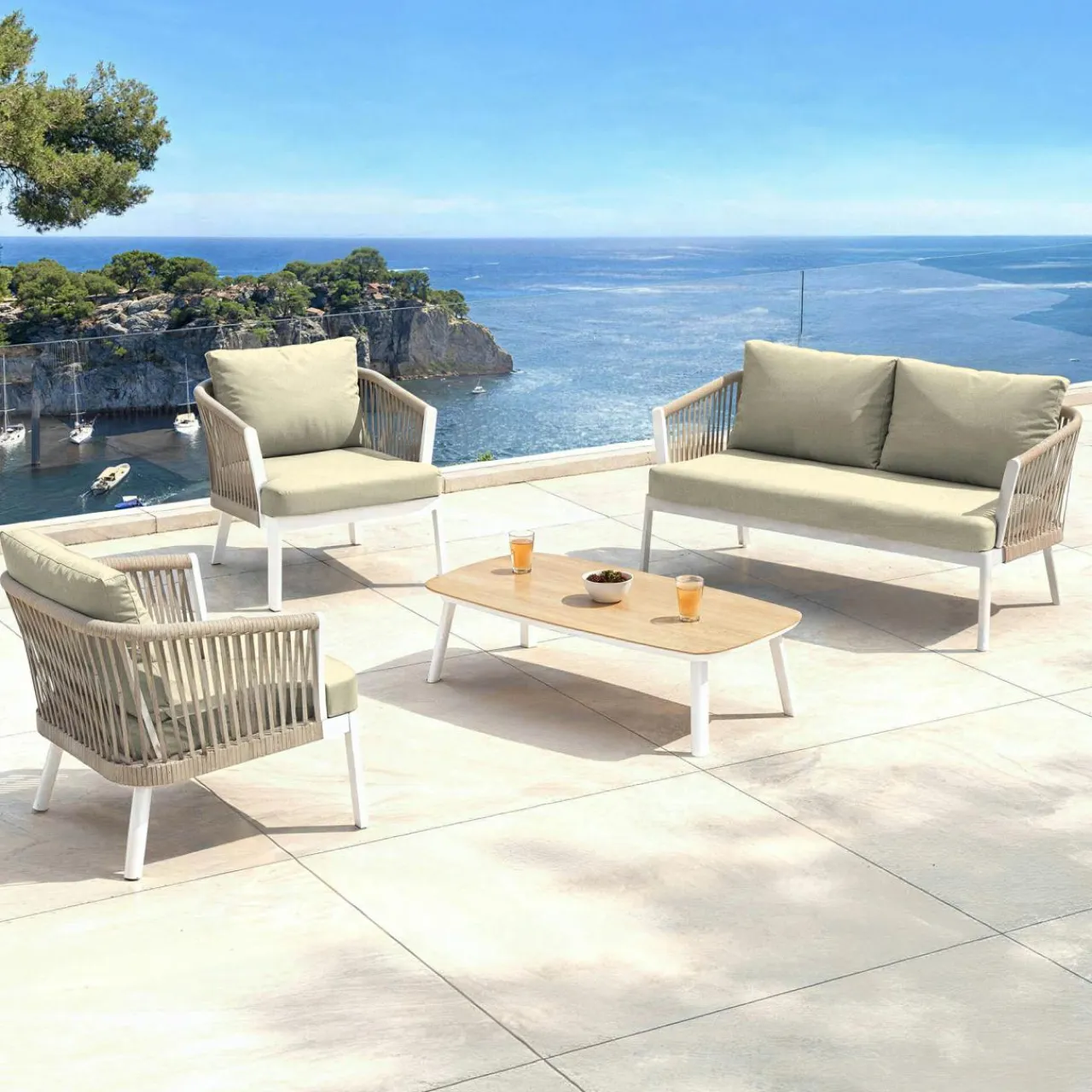 MOBELLIA Salon de jardin en aluminium 4 places 4 pcs Amalfi Blanc et taupe Blanc - Taupe Sale