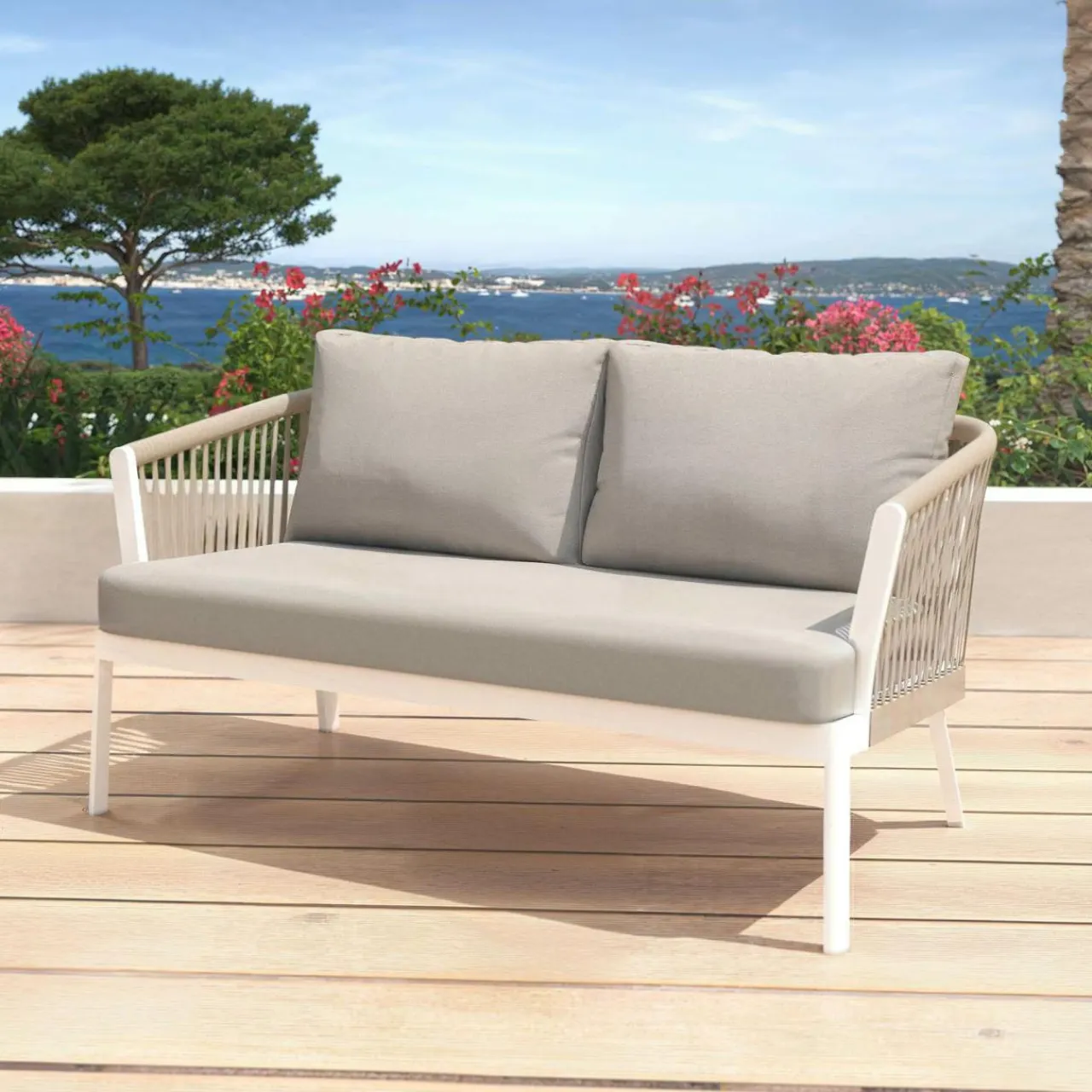 MOBELLIA Salon de jardin en aluminium 4 places 4 pcs Amalfi Blanc et taupe Blanc - Taupe Sale
