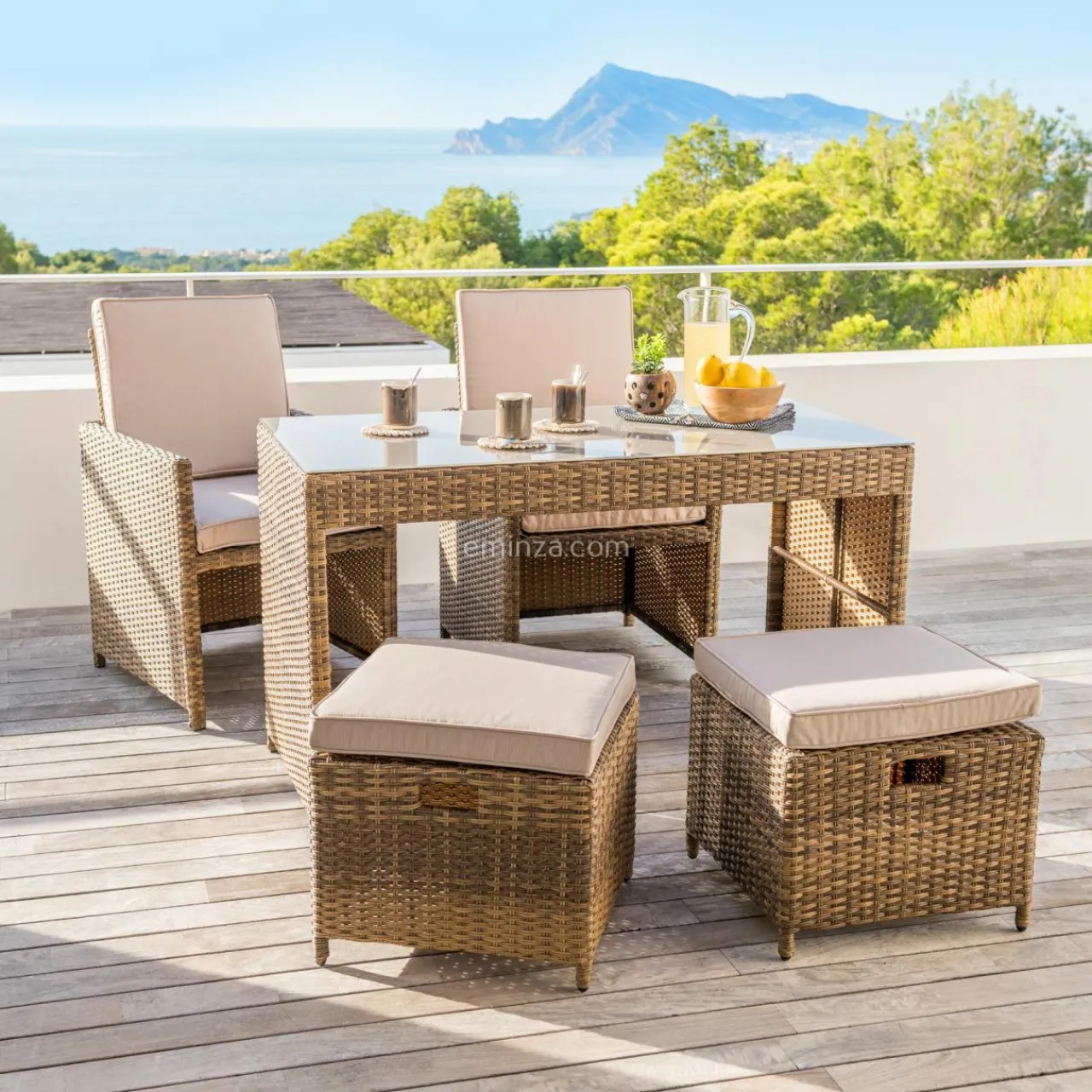 MOBELLIA Salon de jardin encastrable résine tressée 4 places Menorca et beige Sépia