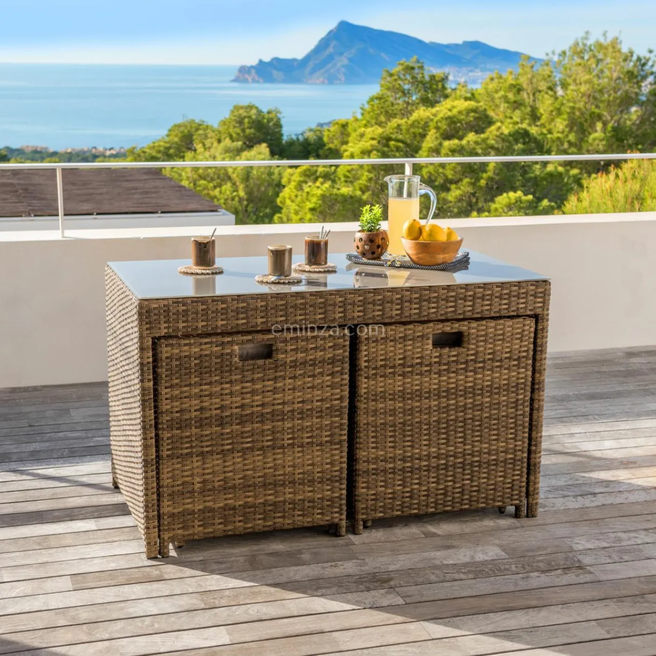 MOBELLIA Salon de jardin encastrable résine tressée 4 places Menorca et beige Sépia