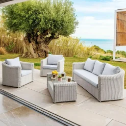 MOBELLIA Salon de jardin en résine tressée 5 places 4 pcs Calvi Blanc et gris clair Tressé Blanc - Gris clair Discount