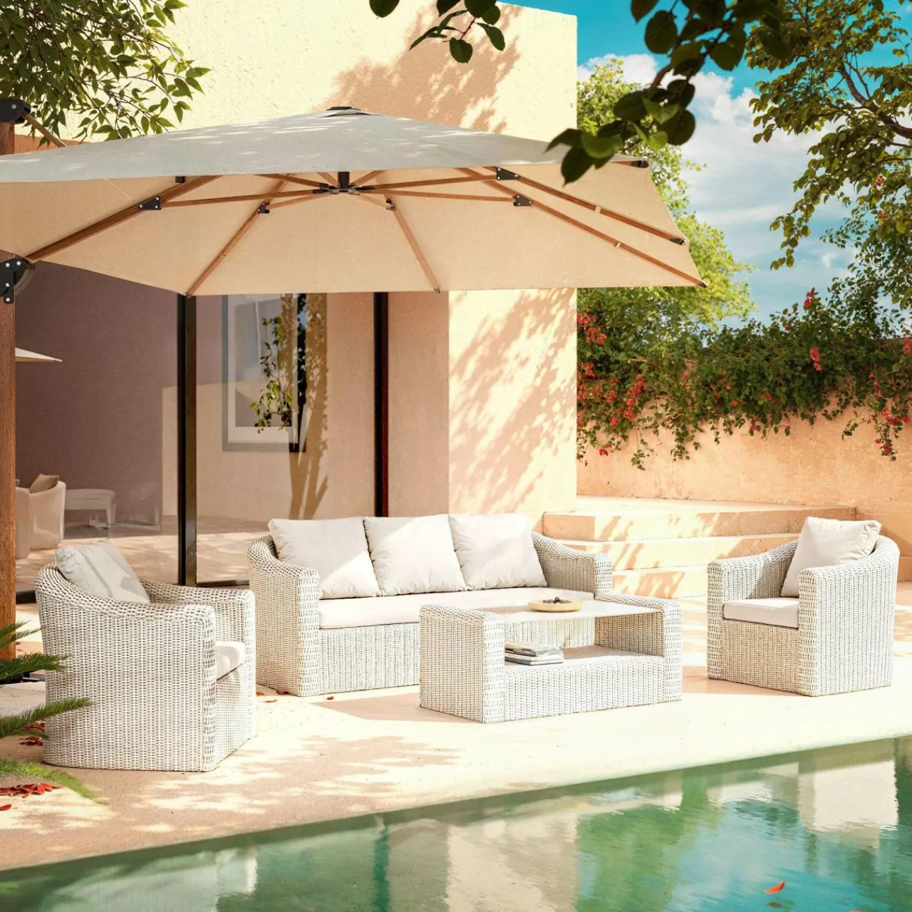 MOBELLIA Salon de jardin en résine tressée 5 places 4 pcs Calvi Blanc Tressé Blanc - Blanc Best