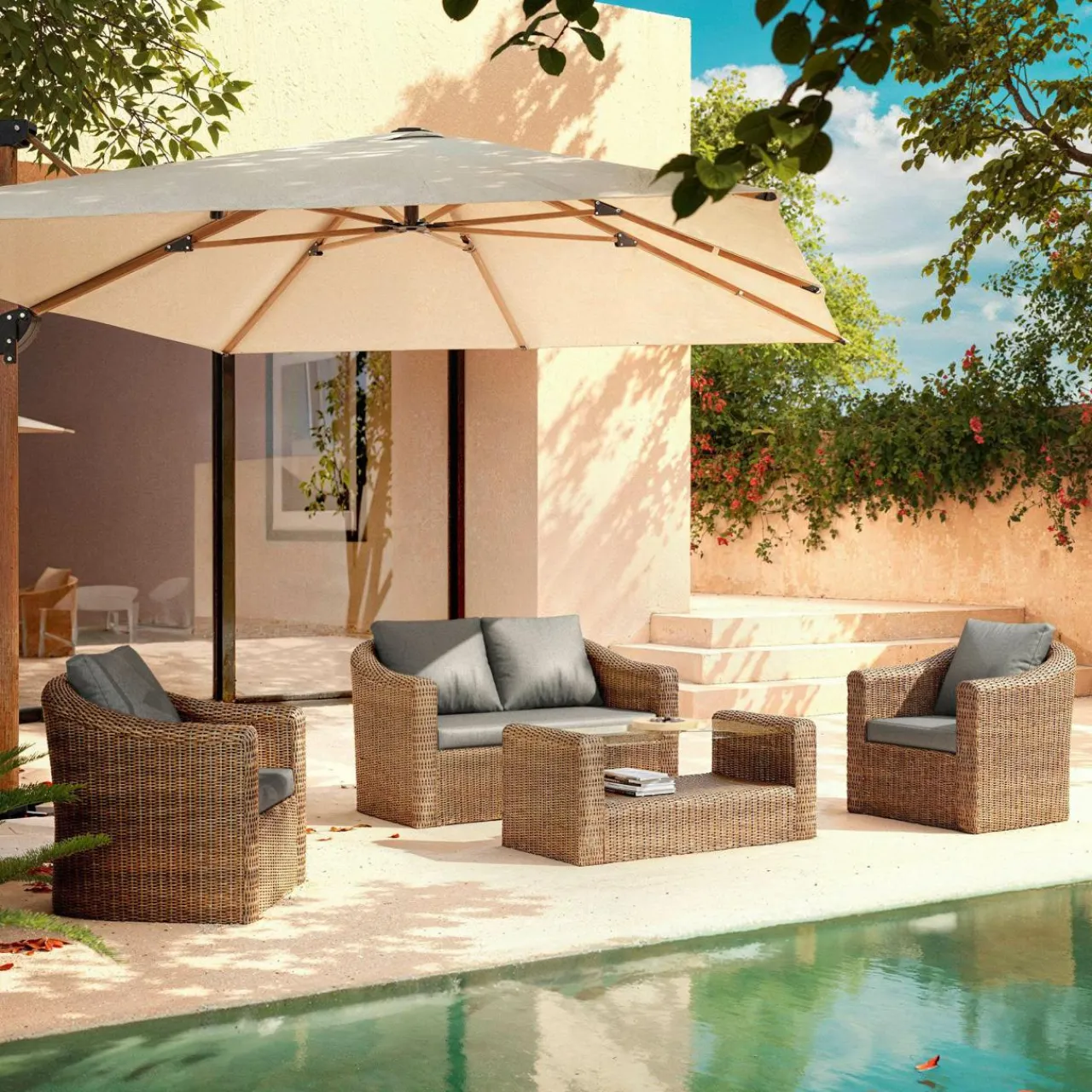 MOBELLIA Salon de jardin en résine tressée 4 places 4 pcs Calvi Sepia et gris foncé Tressé Sepia - Anthracite Hot