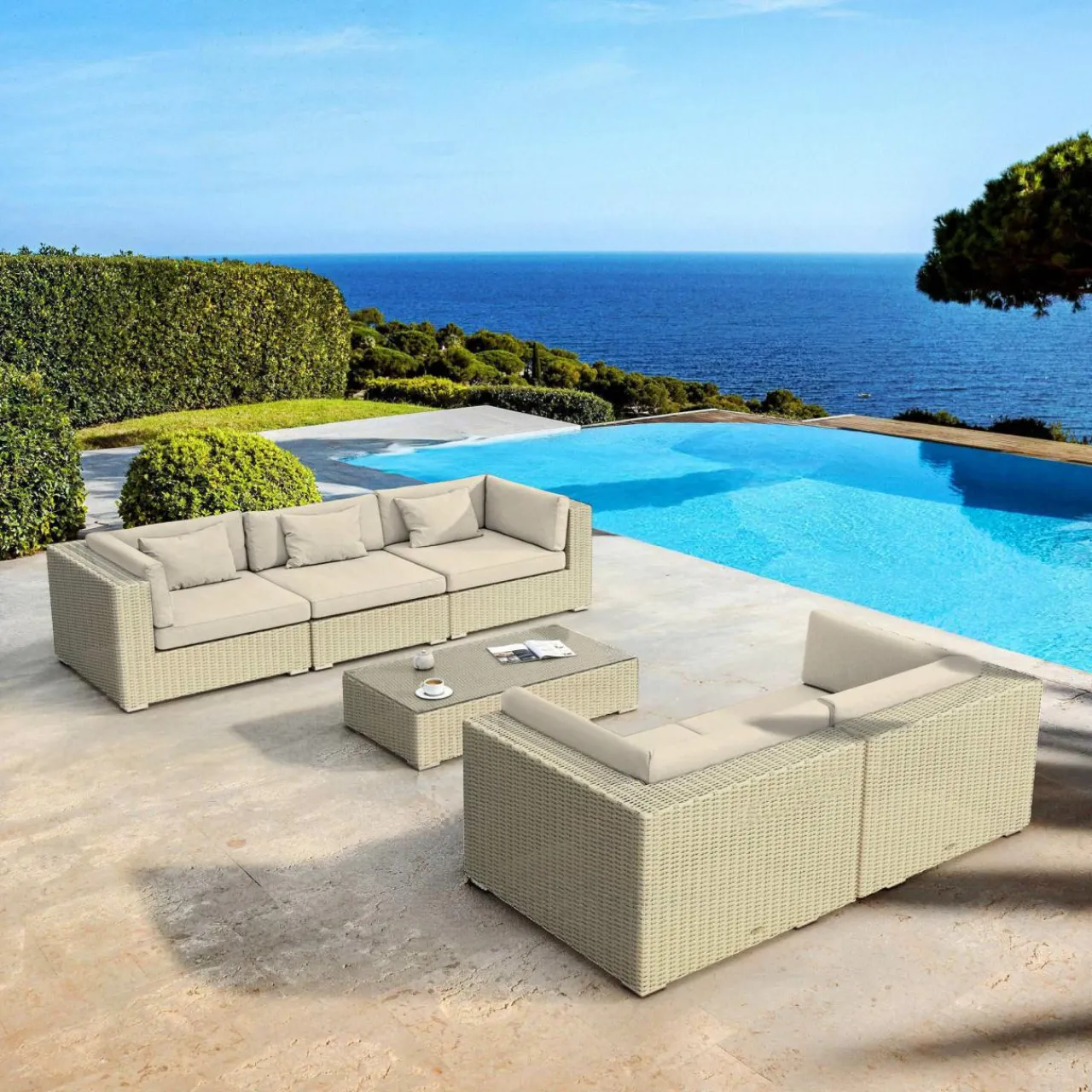 MOBELLIA Salon de jardin en résine tressée 5 places 6 pcs Palma Gris et beige Tresse Gris - Beige Sale