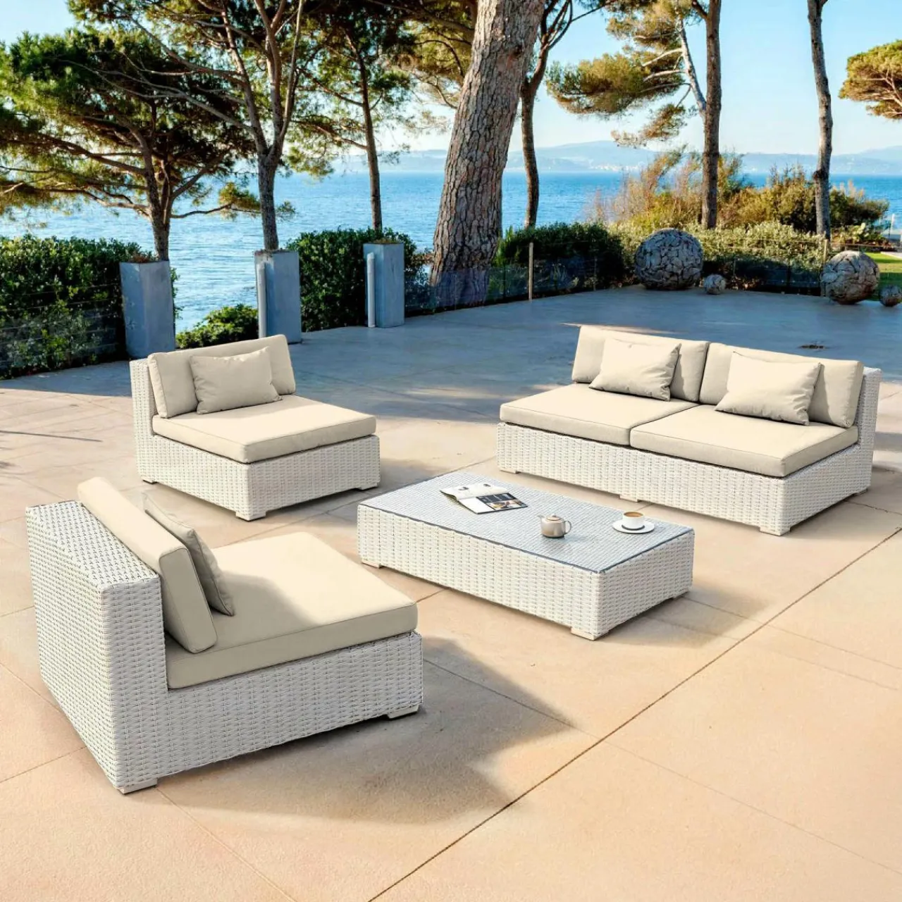 MOBELLIA Salon de jardin en résine tressée 4 places 4 pcs Palma Blanc et beige Tresse Blanc - Beige New