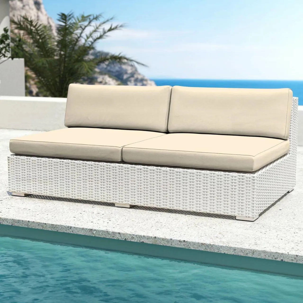 MOBELLIA Salon de jardin en résine tressée 4 places 4 pcs Palma Blanc et beige Tresse Blanc - Beige New