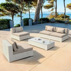 MOBELLIA Salon de jardin en résine tressée 4 places 4 pcs Palma Blanc et taupe Tressé Blanc - Taupe Discount