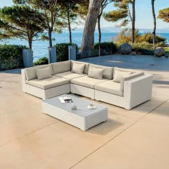 MOBELLIA Salon de jardin en résine tressée 4 places 5 pcs Palma Blanc et beige Tresse Blanc - Beige Sale