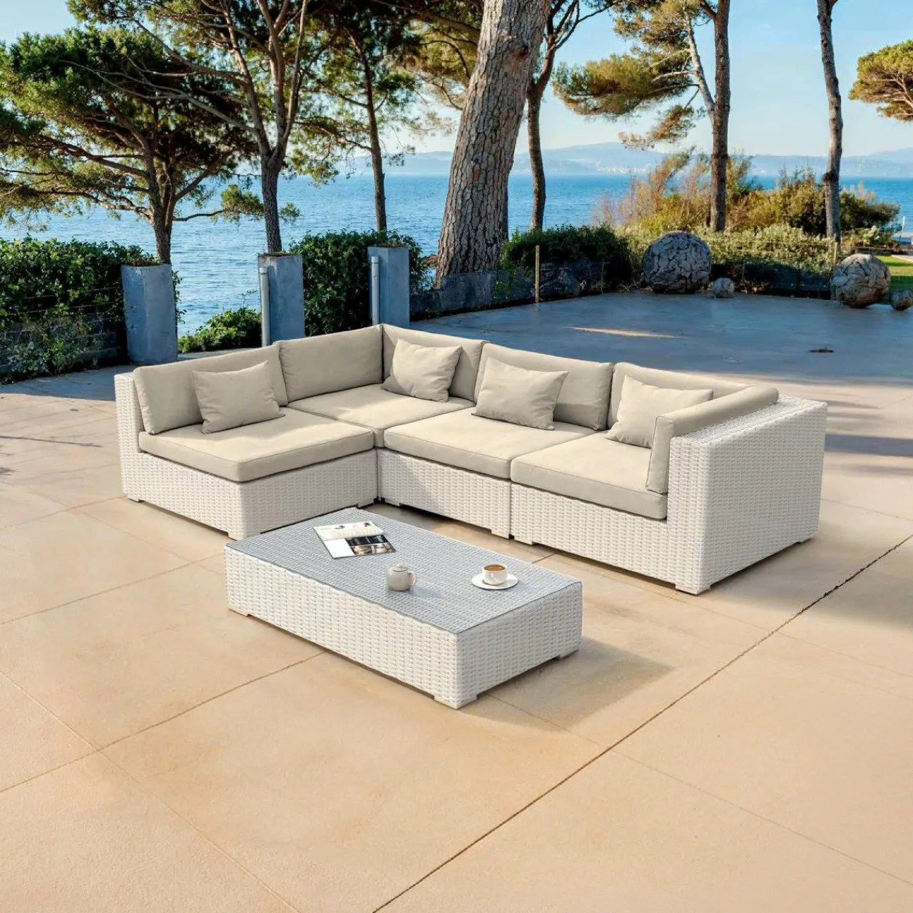 MOBELLIA Salon de jardin en résine tressée 4 places 5 pcs Palma Blanc et beige Tresse Blanc - Beige Sale