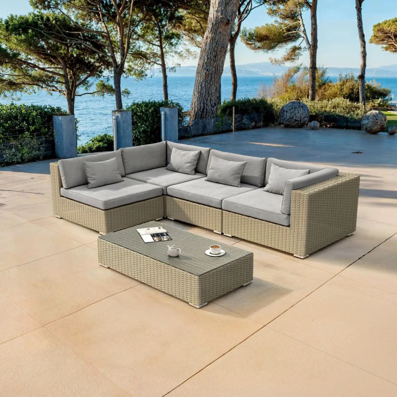 MOBELLIA Salon de jardin en résine tressée 4 places 5 pcs Palma Gris Tresse Gris - Gris Sale