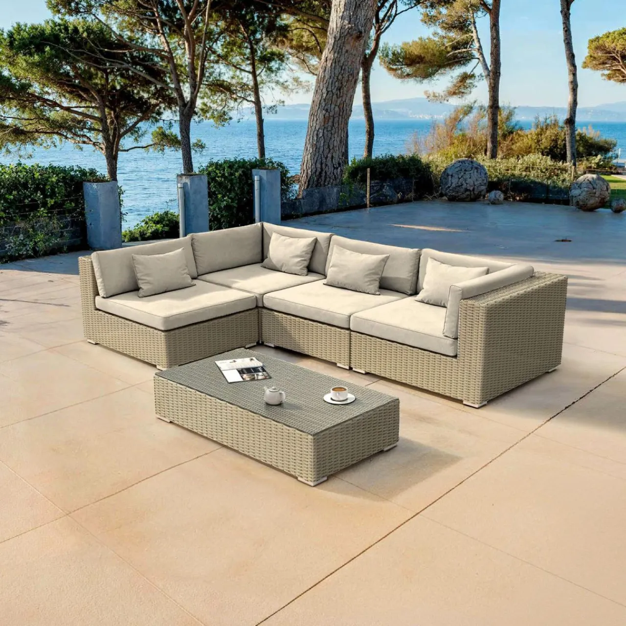 MOBELLIA Salon de jardin en résine tressée 4 places 5 pcs Palma Gris et beige Tresse Gris - Beige