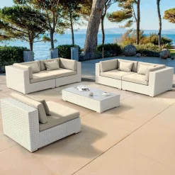MOBELLIA Salon de jardin en résine tressée 5 places 6 pcs Palma Blanc et beige Tresse Blanc - Beige New