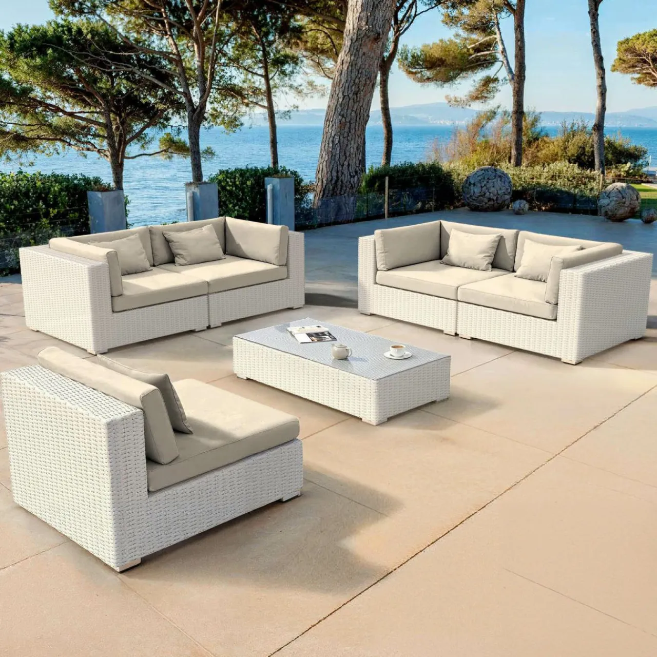 MOBELLIA Salon de jardin en résine tressée 5 places 6 pcs Palma Blanc et beige Tresse Blanc - Beige New