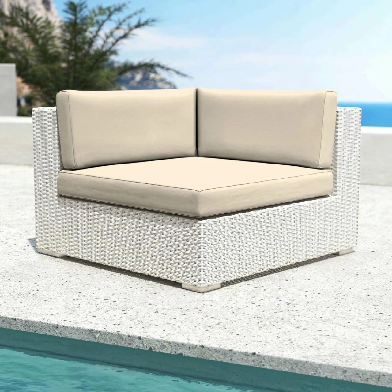 MOBELLIA Salon de jardin en résine tressée 5 places 6 pcs Palma Blanc et beige Tresse Blanc - Beige New