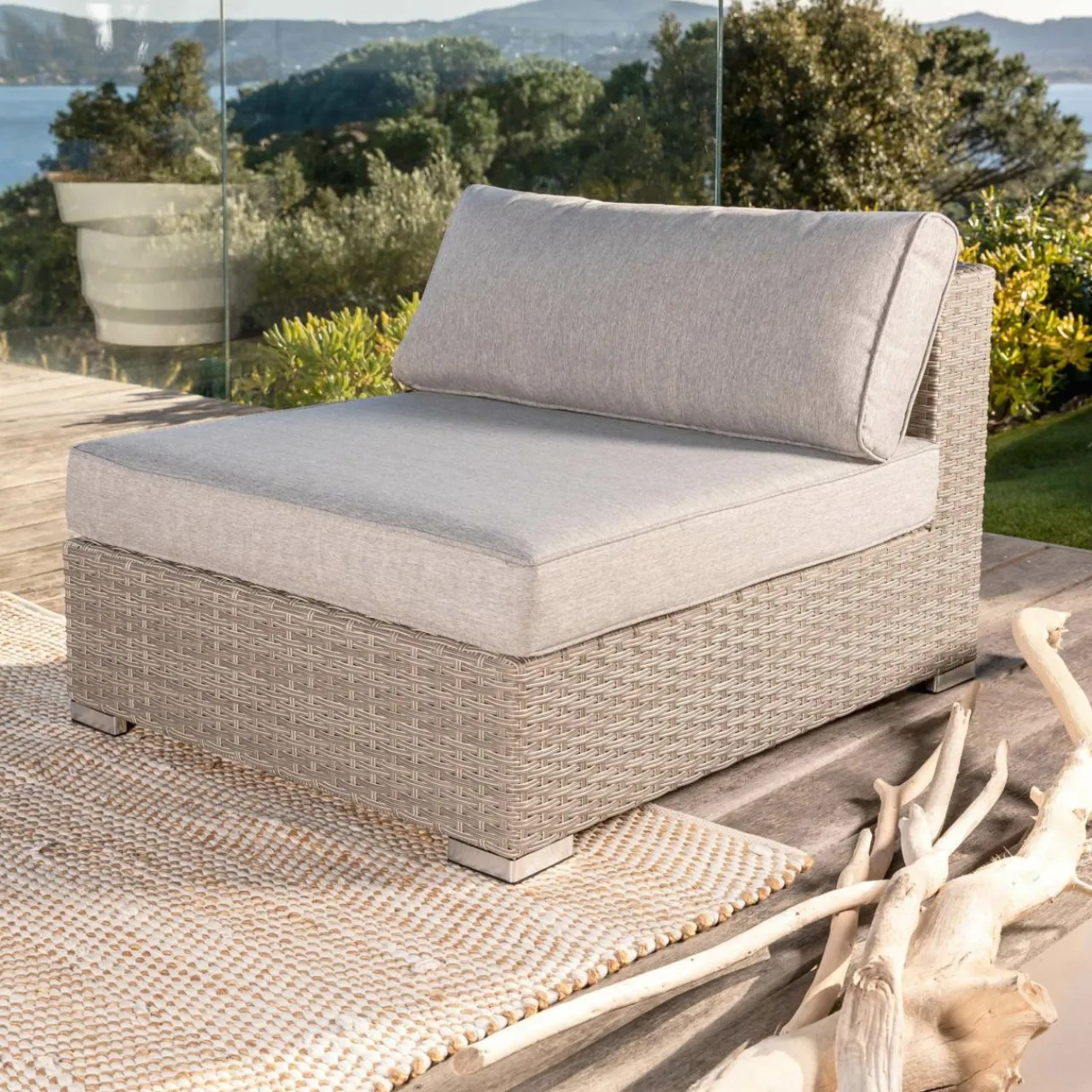 MOBELLIA Salon de jardin en résine tressée 5 places 6 pcs Palma Gris et taupe Tressé Gris - Taupe