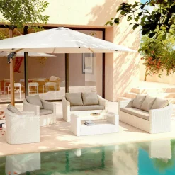 MOBELLIA Salon de jardin en résine tressée 7 places 5 pcs Calvi Blanc et taupe Tressé Blanc - Taupe Discount