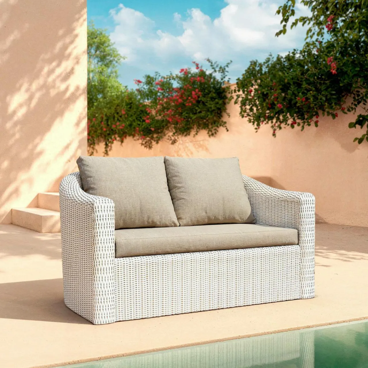 MOBELLIA Salon de jardin en résine tressée 7 places 5 pcs Calvi Blanc et taupe Tressé Blanc - Taupe Discount