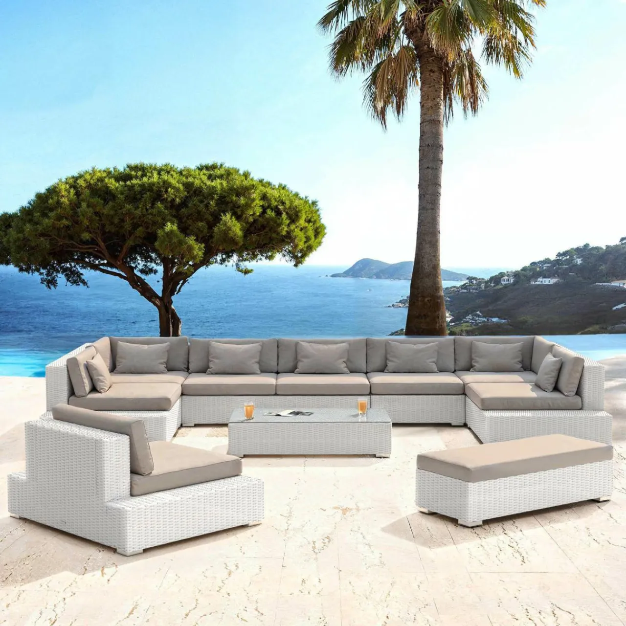 MOBELLIA Salon de jardin en résine tressée 9 places 9 pcs Palma Blanc et taupe Tressé Blanc - Taupe Best