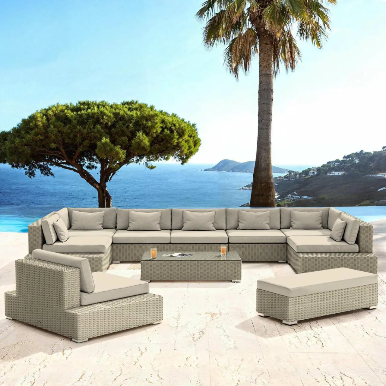 MOBELLIA Salon de jardin en résine tressée 9 places 9 pcs Palma Gris et beige Tresse Gris - Beige Sale
