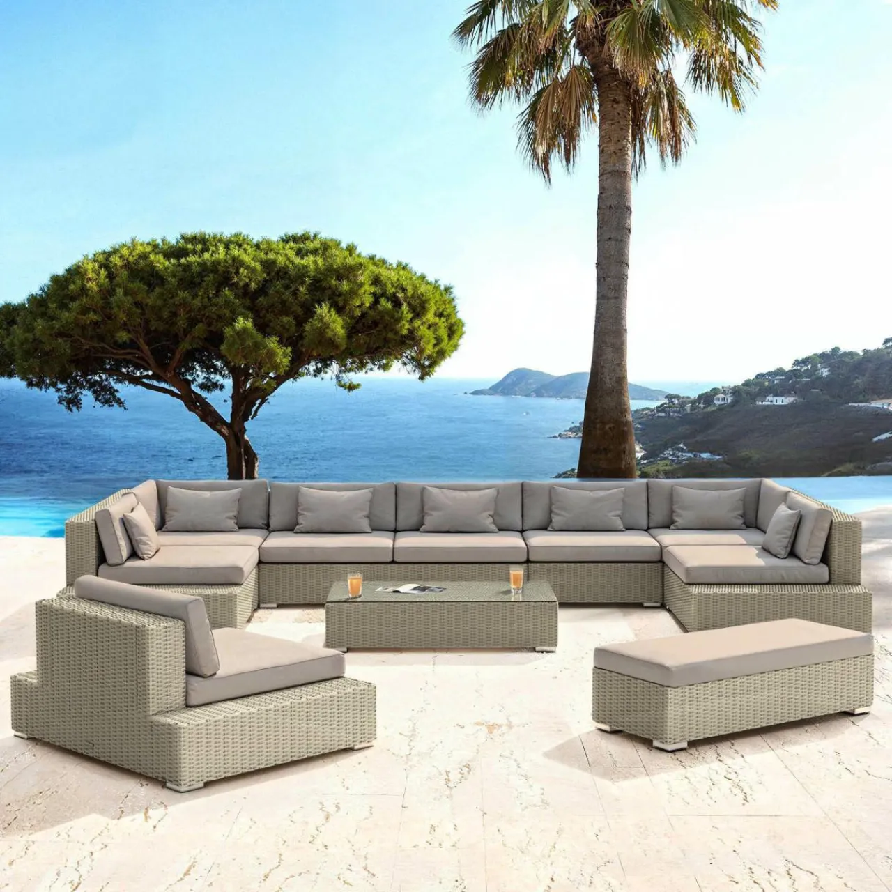 MOBELLIA Salon de jardin en résine tressée 9 places 9 pcs Palma Gris et taupe Tressé Gris - Taupe Clearance