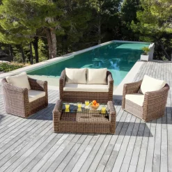 MOBELLIA Salon de jardin en résine tressée 4 places 4 pcs Calvi Sepia et beige Tressé Sepia - Beige Hot