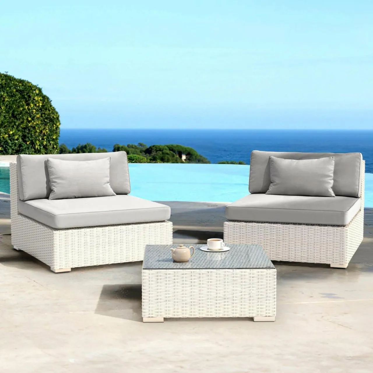 MOBELLIA Salon de jardin en résine tressée 2 places 3 pcs Palma Blanc et gris Tresse Blanc - Gris Hot
