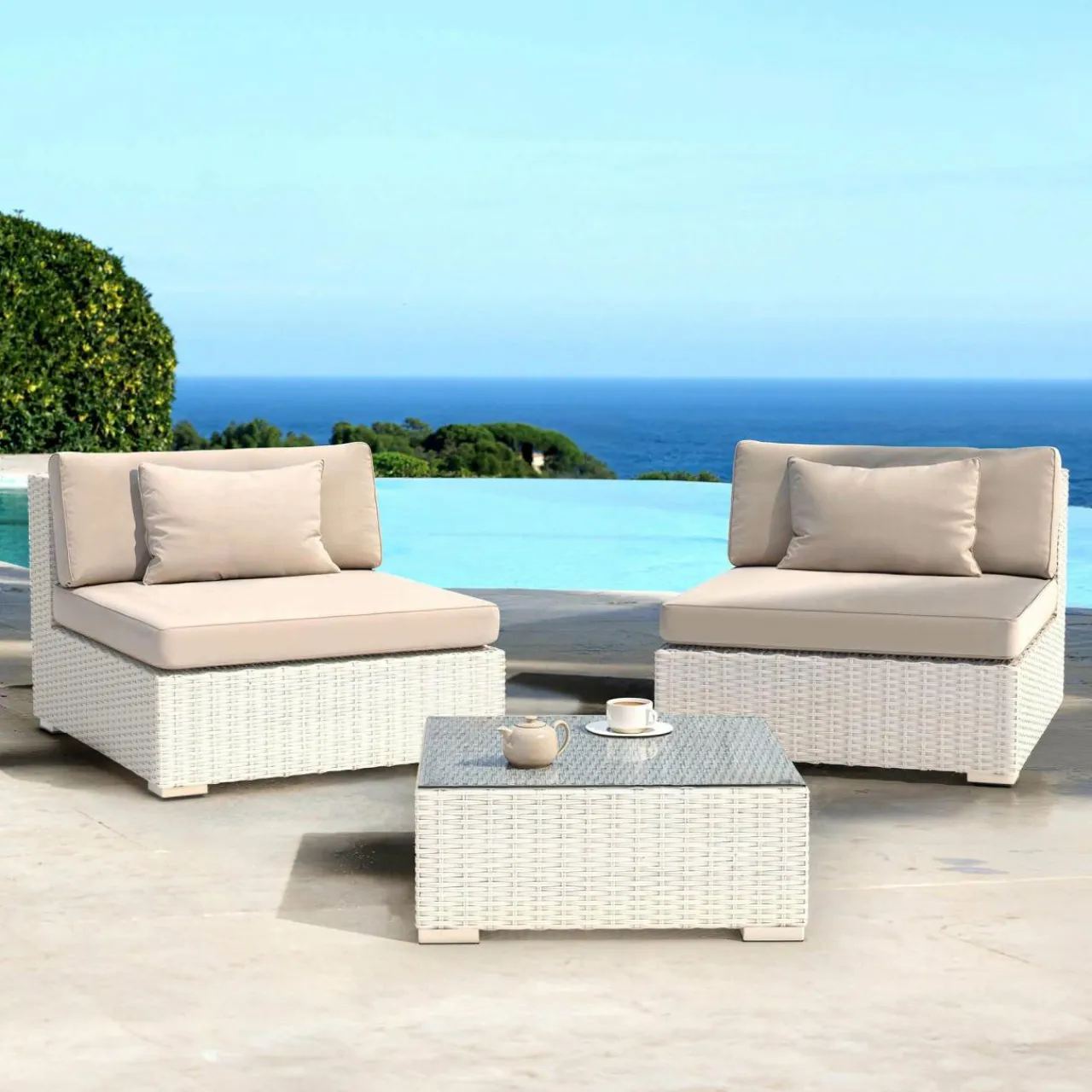 MOBELLIA Salon de jardin en résine tressée 2 places 3 pcs Palma Blanc et taupe Tressé Blanc - Taupe