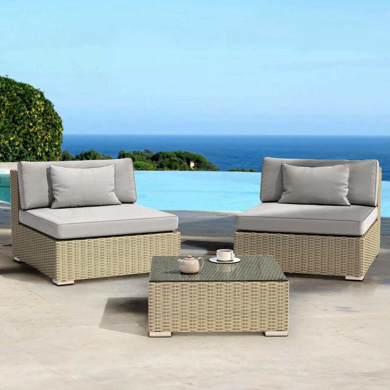 MOBELLIA Salon de jardin en résine tressée 2 places 3 pcs Palma Gris Tresse Gris - Gris