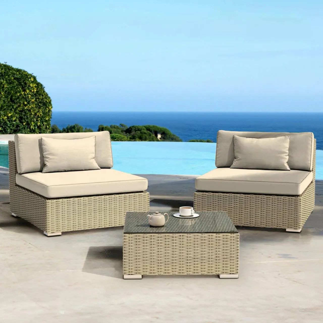 MOBELLIA Salon de jardin en résine tressée 2 places 3 pcs Palma Gris et beige Tresse Gris - Beige Outlet