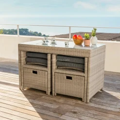 MOBELLIA Salon de jardin résine tressée encastrable 4 places Menorca Gris Outlet