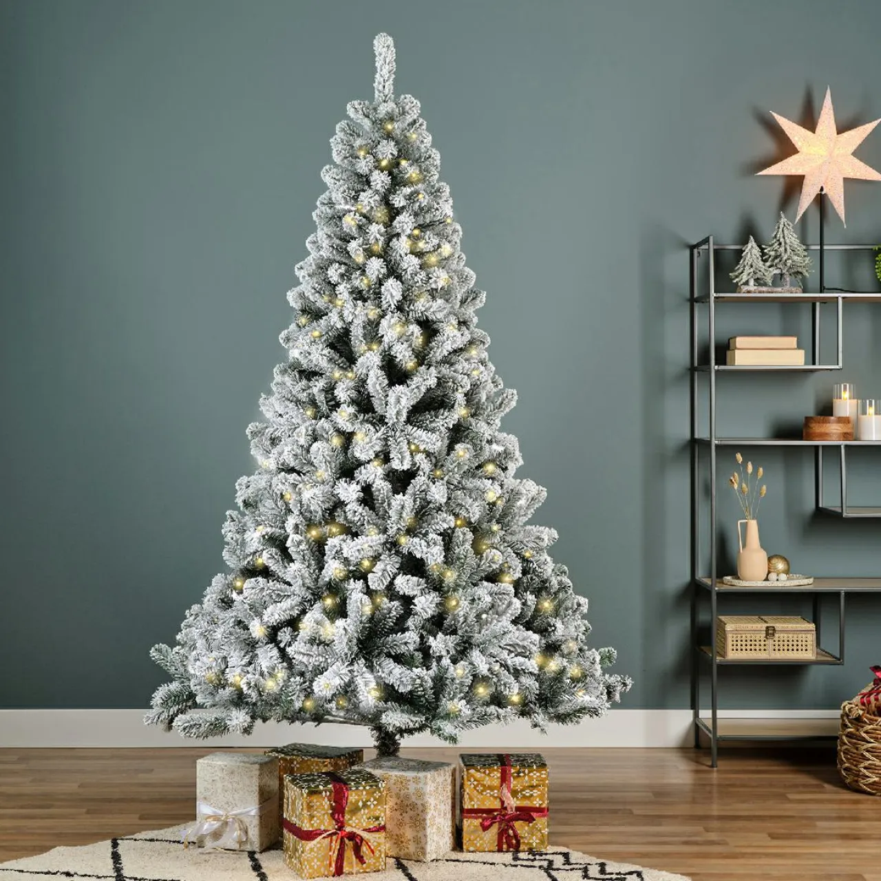 EMINZA Sapin de Noël artificiel lumineux 320 LED (H210 cm) King Vert enneigé Sapin enneigé lumineux Clearance