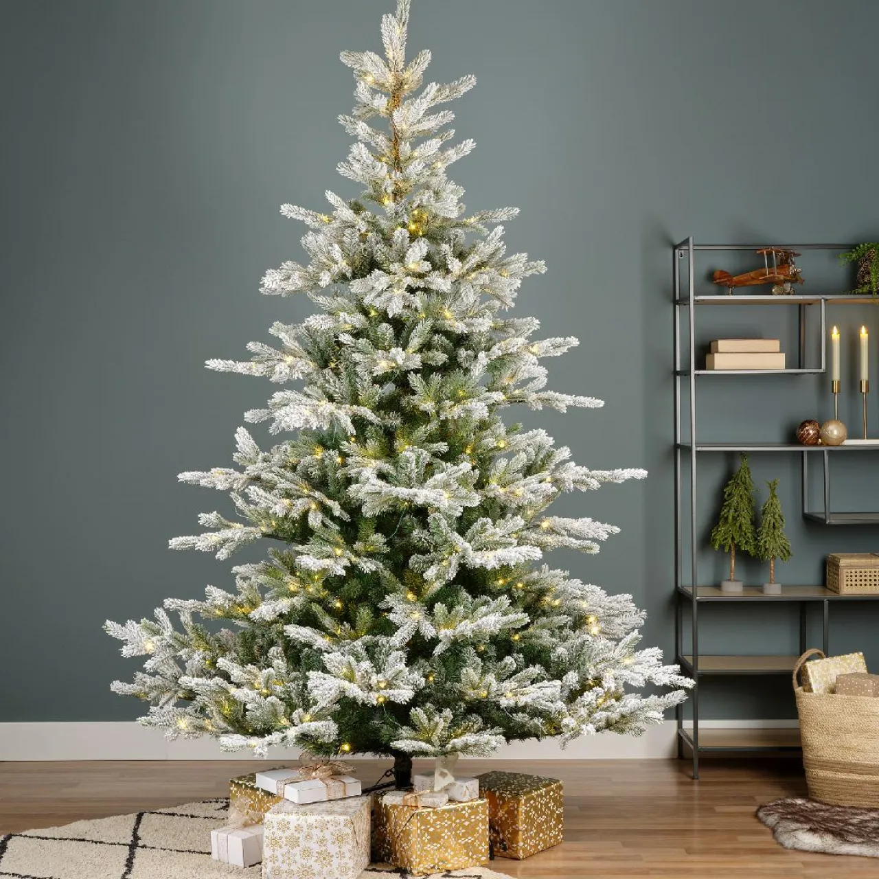 EMINZA Sapin de Noël artificiel lumineux 400 LED (H180 cm) Glorious Vert enneigé Sapin enneigé lumineux