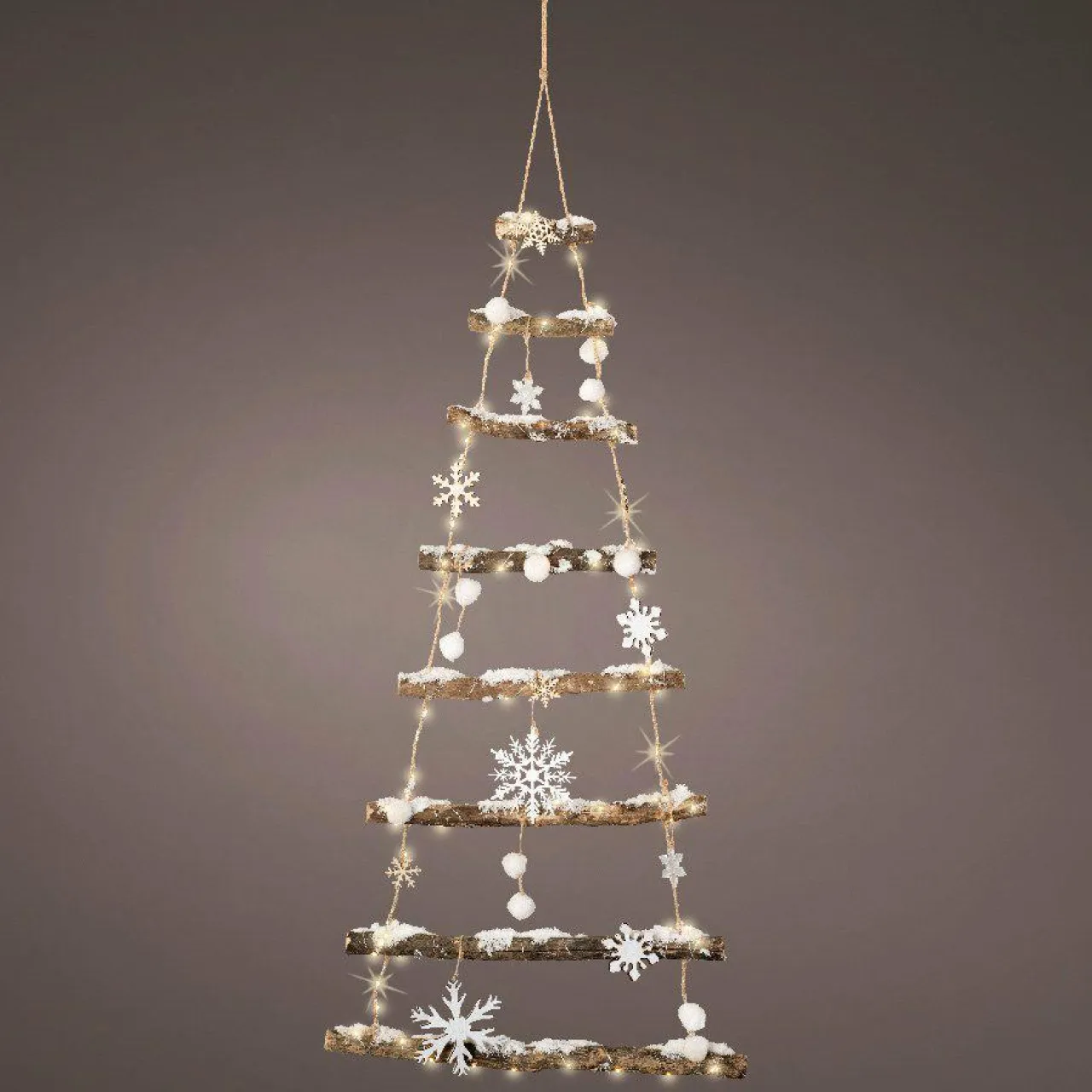 KAEMINGK Sapin à suspendre en bois illuminé à piles (H100 cm) Flocons Blanc chaud New