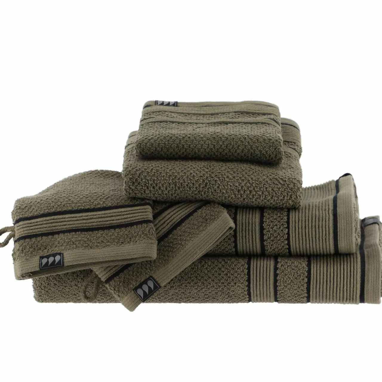 TENDANCE Serviette de bain coton (90 x 150 cm) Black Line / noir Vert kaki