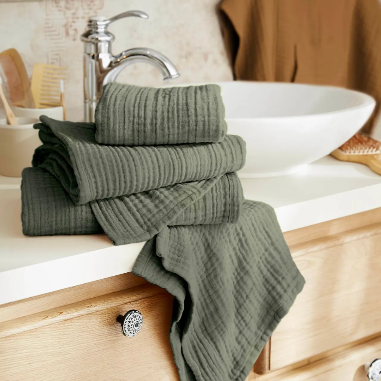 EMINZA Serviette de bain gaze de coton (30 x 50 cm) Gaïa Vert romarin Sale