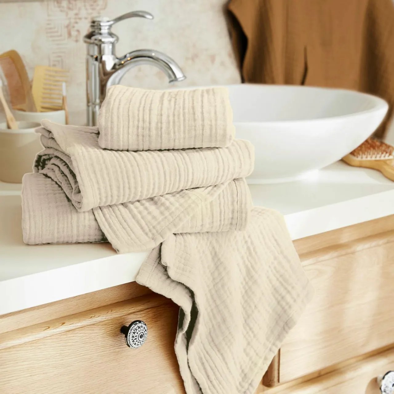 EMINZA Serviette de bain gaze de coton (50 x 90 cm) Gaïa pampa Beige New